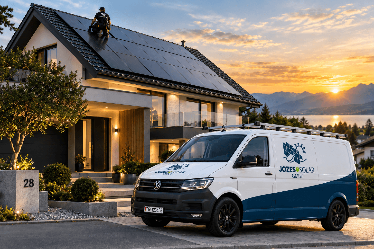 Einfamilienhaus mit Photovoltaikanlage und Jozes Solar Firmenfahrzeug