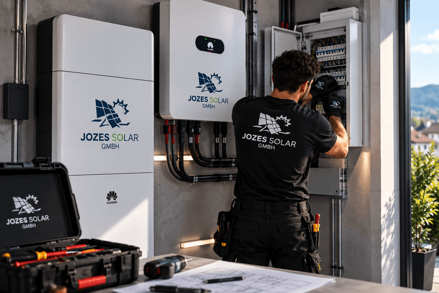 Techniker bei der Inbetriebnahme einer Photovoltaikanlage mit Batteriespeicher